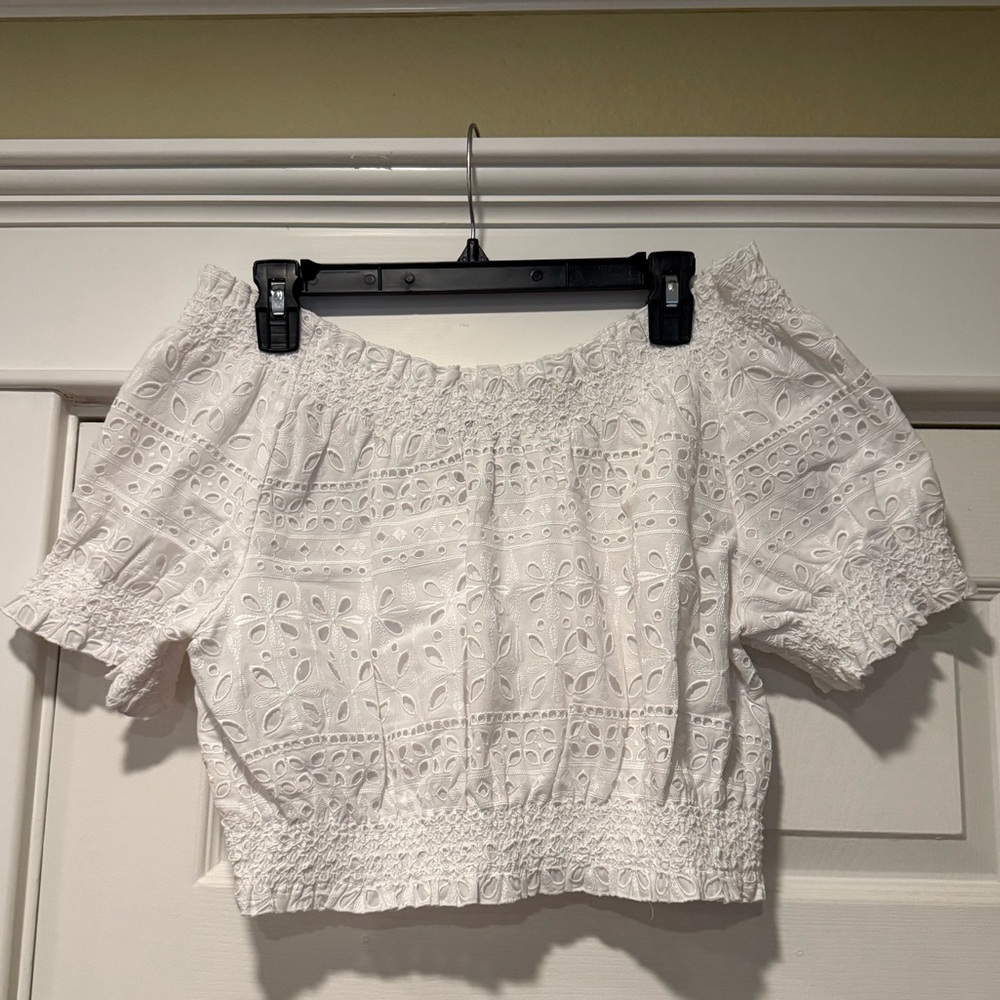 J Crew white eyelet lace off the shoulder top